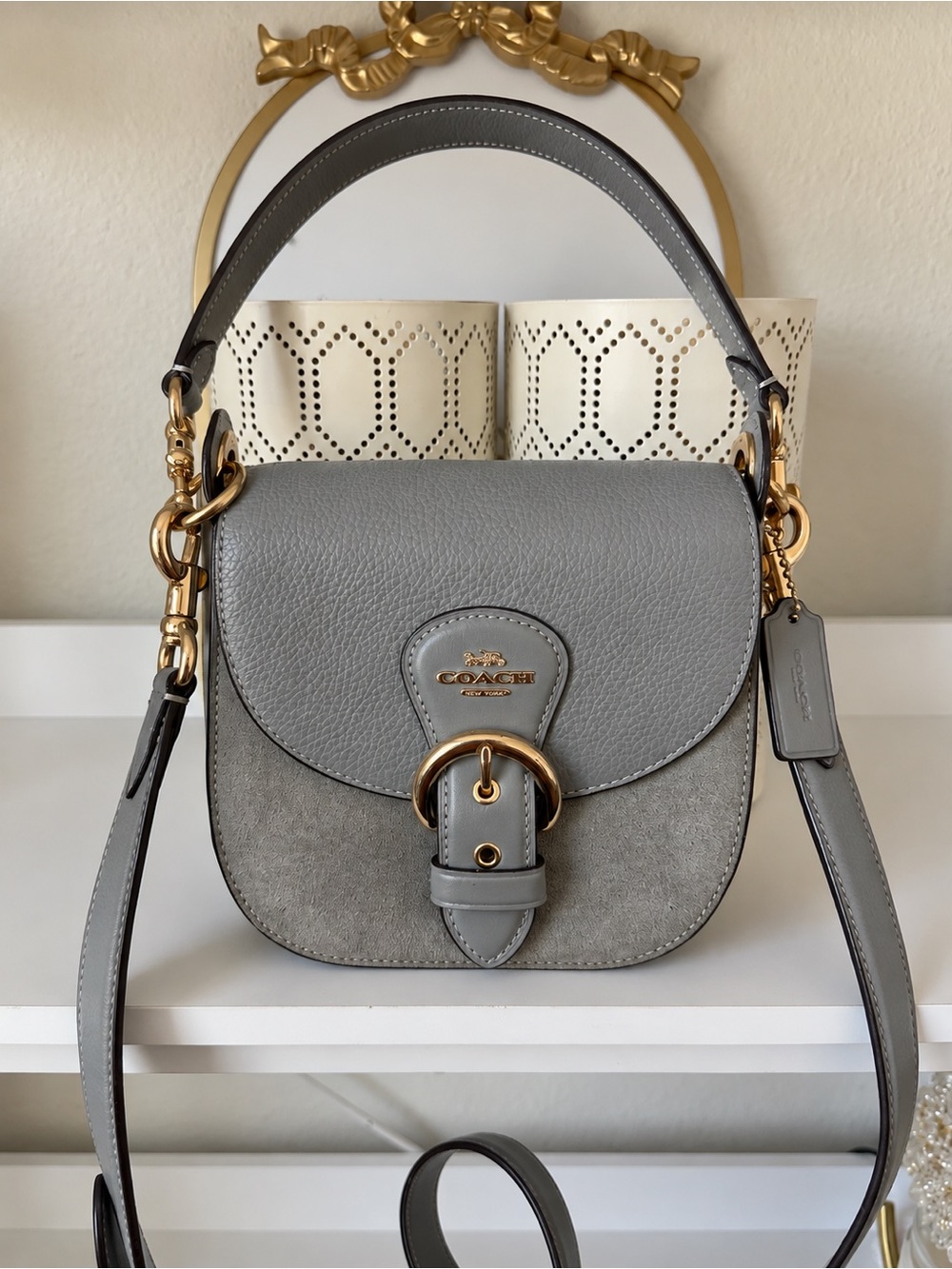 Coach Kleo Shoulder Bag 17 Grey Leather & Suede Crossbody with Gold Hardware
